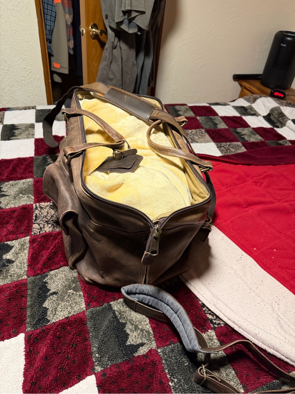 L.L. Bean Brown Leather Travel Duffel Bag with Yellow Interior - Picture 2 of 15